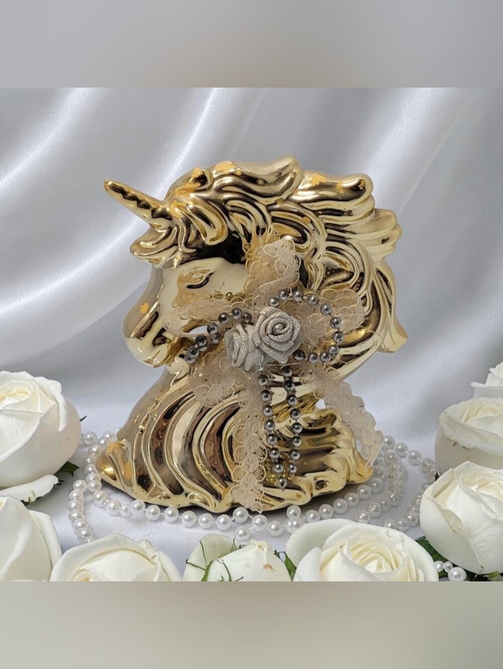Vintage Gold-toned Ceramic Unicorn Head Bust Figurine Adorned W/ Beads/Bow/Rose/